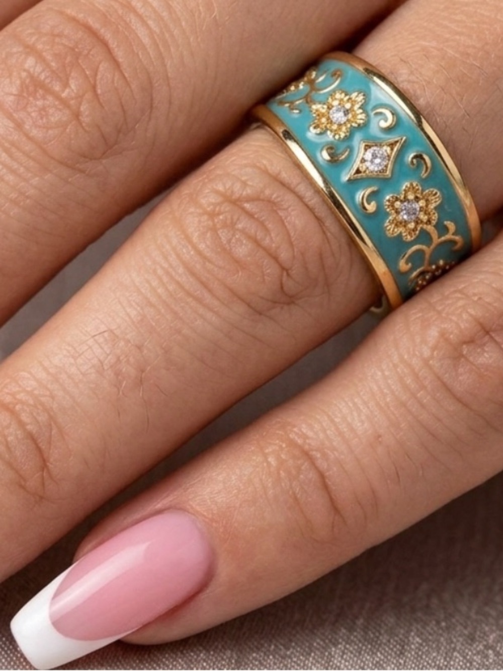 Diamonds cz Gold and turquoise floral ring - High End Ring will not Tarnish!!! 7